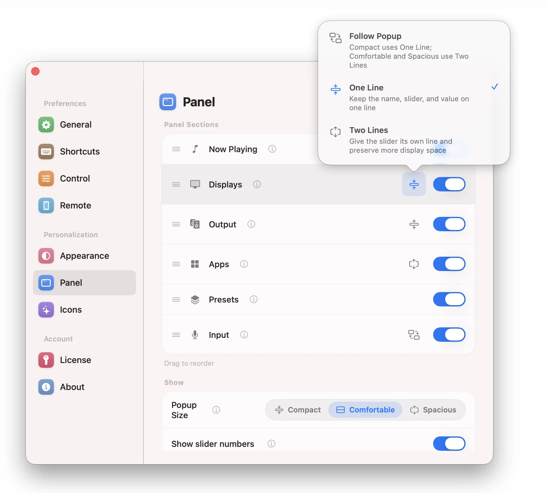 Panel settings with the Displays layout popover open and One Line selected