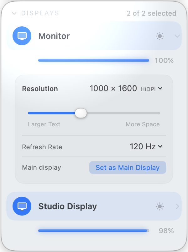 User-provided Tutti 1.11.0 screenshot in English: expanded display controls showing resolution, HiDPI, refresh rate and Set as Main Display