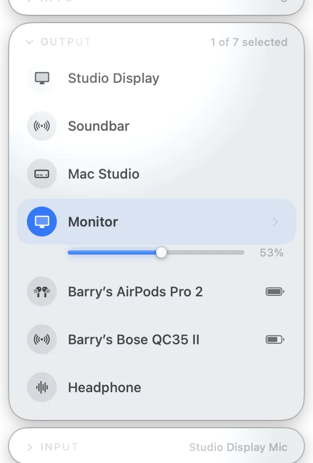External display listed as an output with an active volume slider