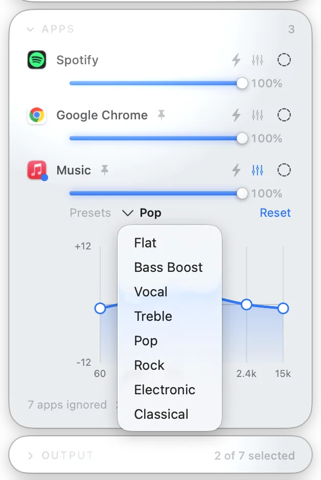 Per-app equalizer with bass/mid/treble bands in the panel