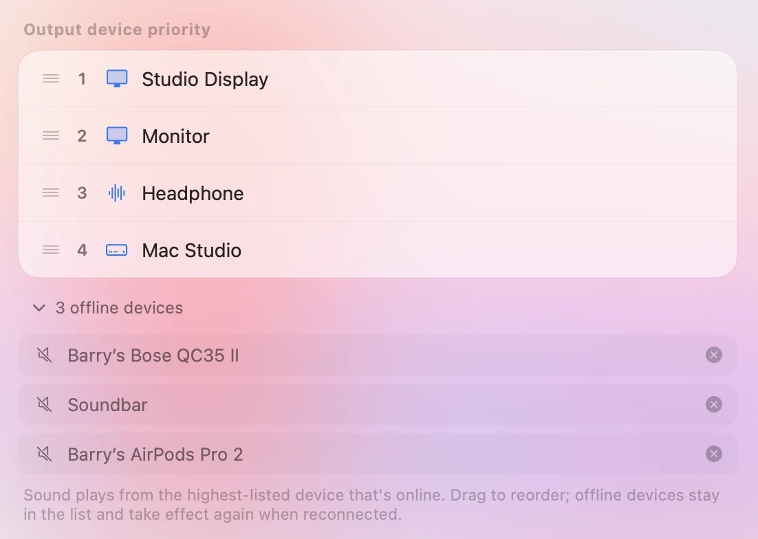 Output priority list with devices dragged into order