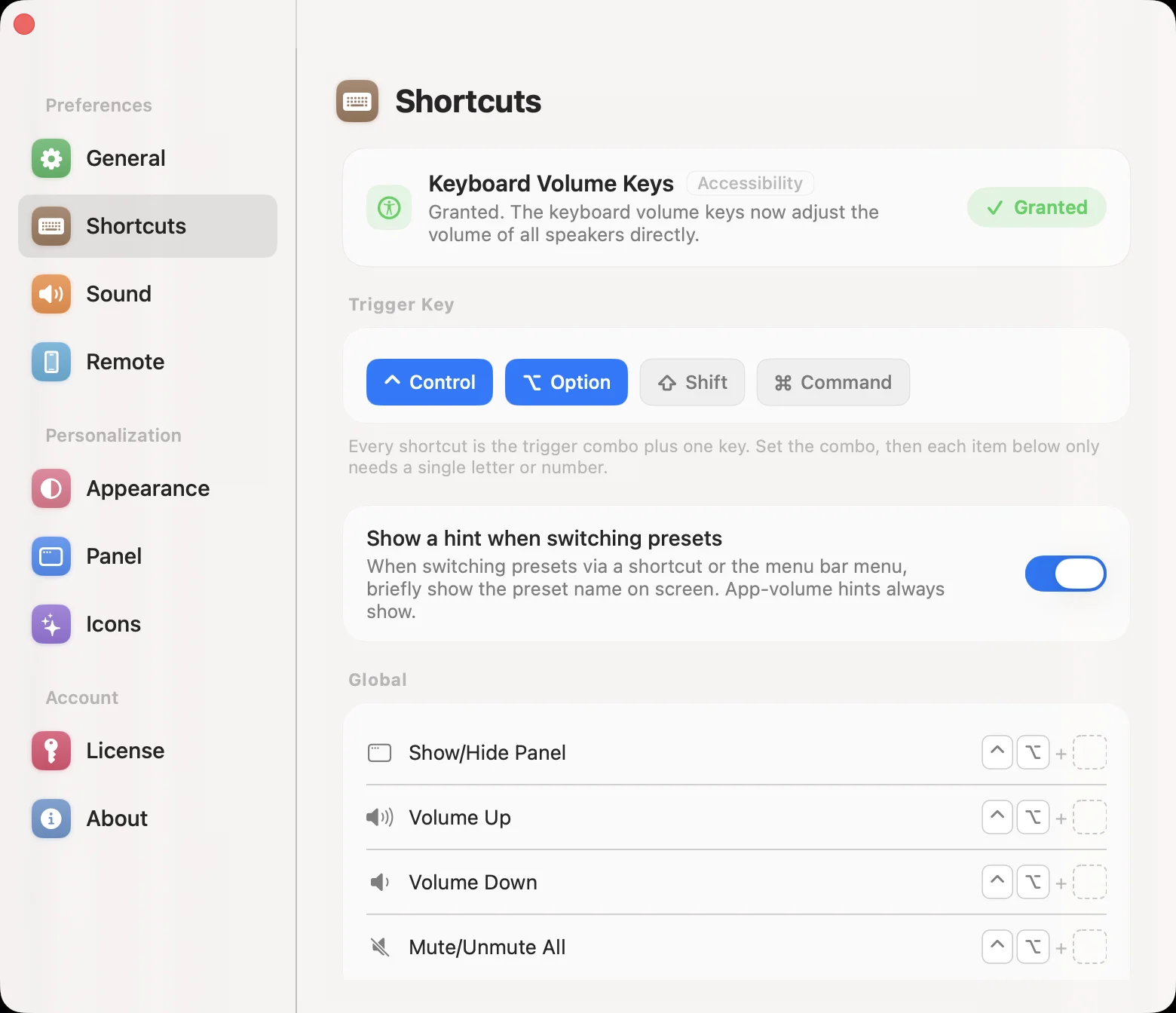 Shortcuts settings pane with the trigger-key combo and global actions ready to bind