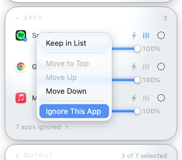 Right-click menu on an app showing the Ignore option