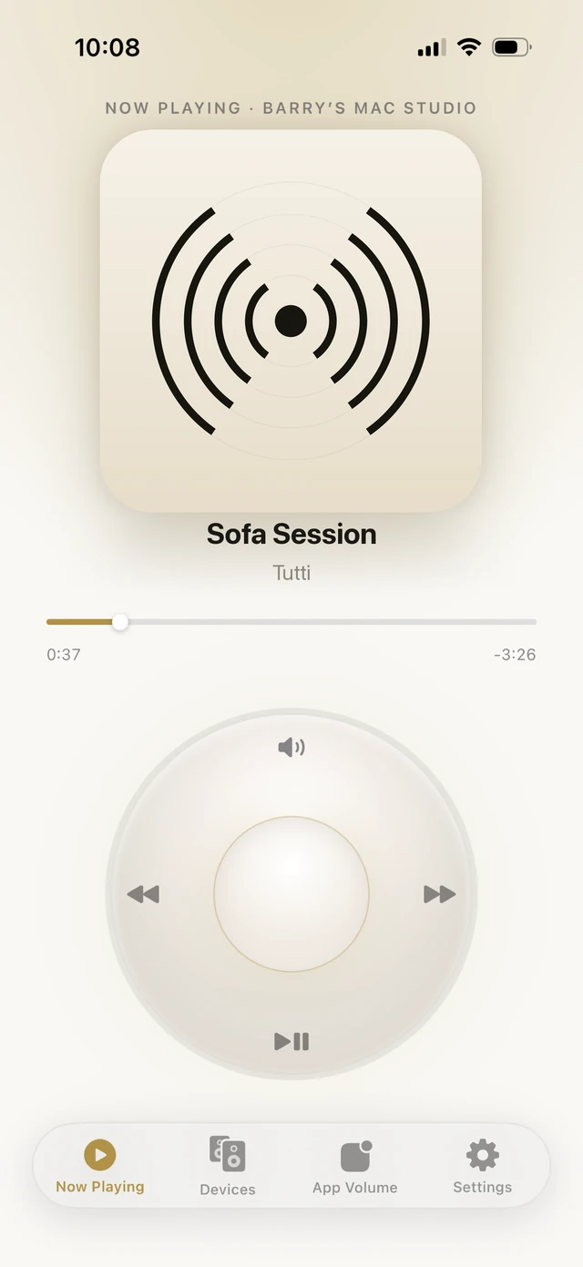 Tutti Remote on iPhone: turntable playback control and device list