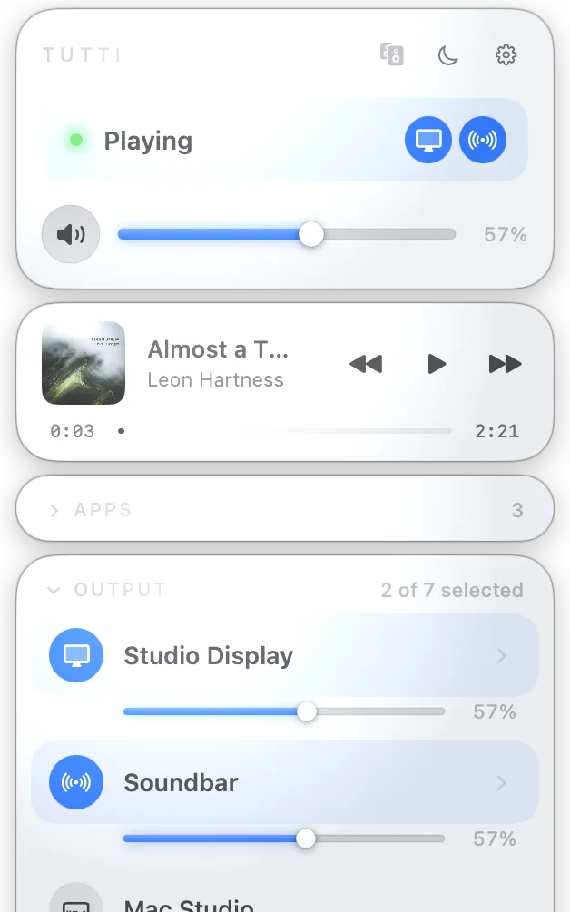 Panel showing the master slider on top and per-device sliders below