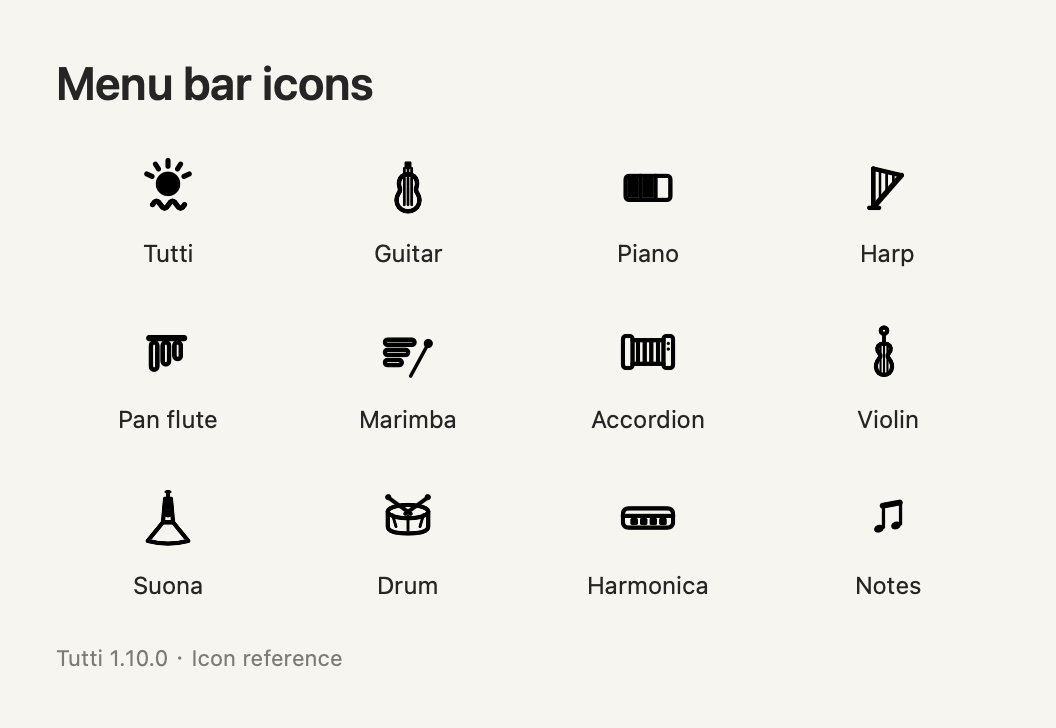 Tutti 1.10.0 icon reference rendered from production artwork: the default sun-and-wave icon and instrument options