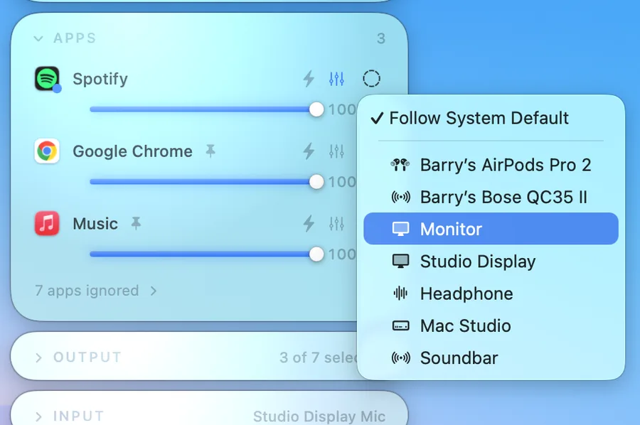 An app's output menu open, routing it to a specific speaker
