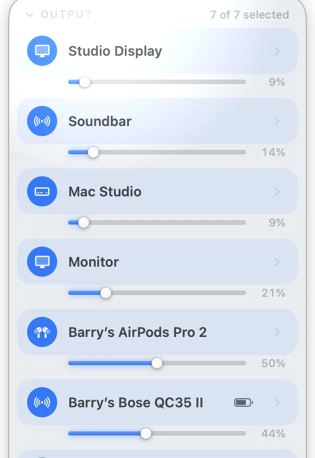 Menu bar panel with several output devices ticked and playing together