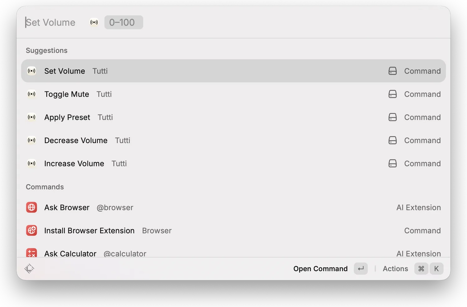 Raycast showing Tutti's Set Volume / Toggle Mute / Apply Preset commands