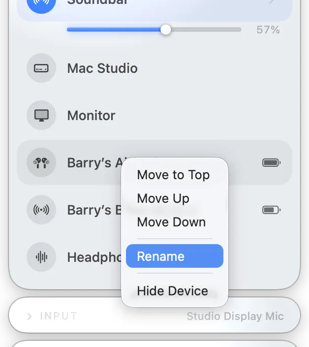 Device menu with Rename and Hide options