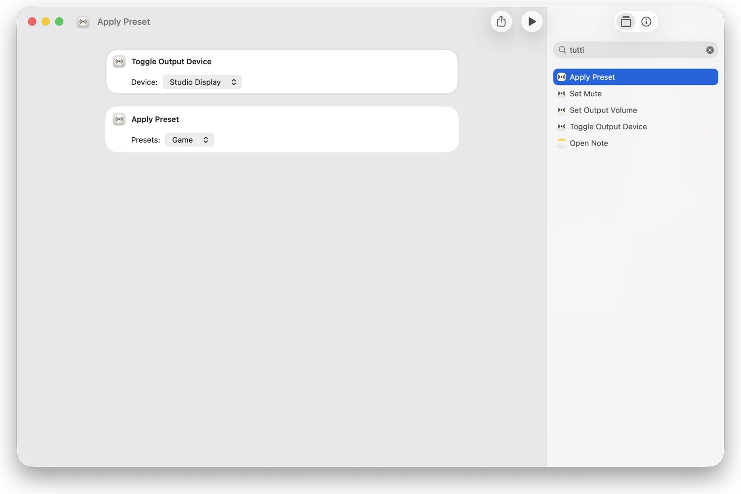 Tutti actions listed in the Shortcuts app / Spotlight