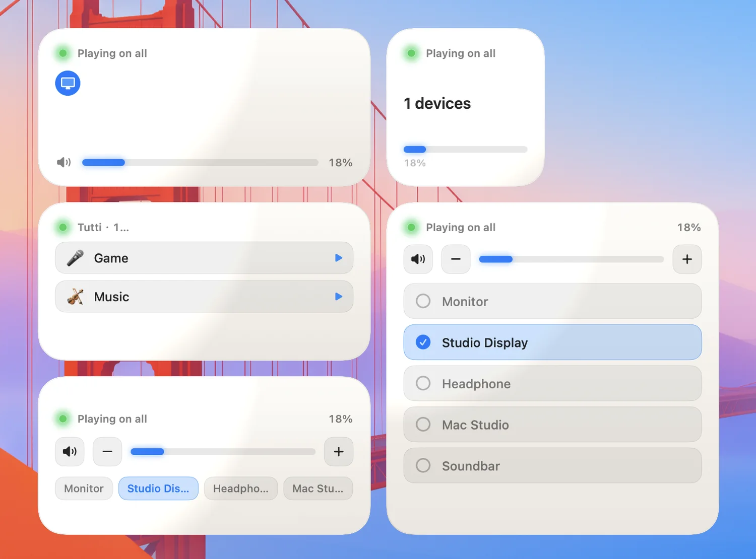 Tutti desktop widget showing output status and controls